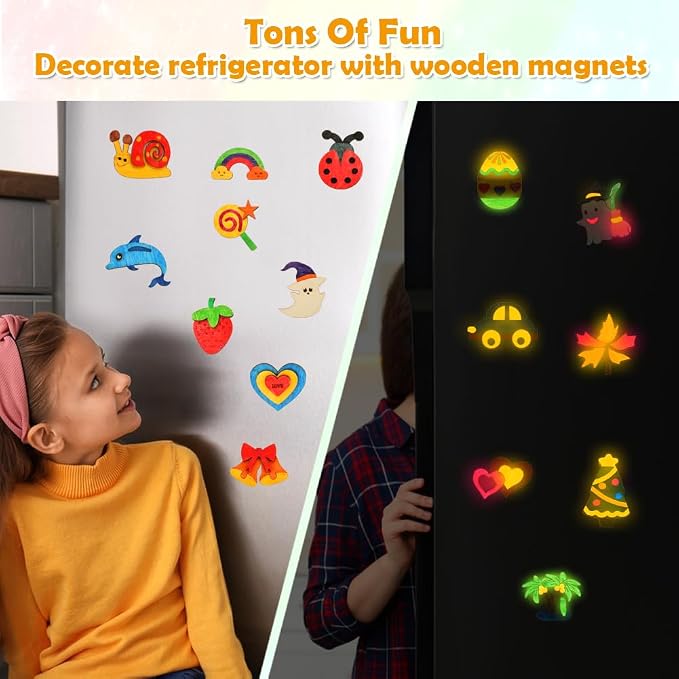 Worgree 48 Pcs DIY Wooden Magnets, Wooden Art Craft Supplies Painting Kit - Image 4