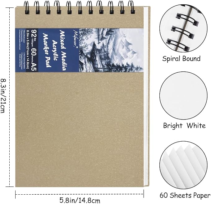 8.3x5.8 Sketch Book, Top Spiral Bound Sketch Pad, 60sheets 92lb/150gsm Bright - Image 2
