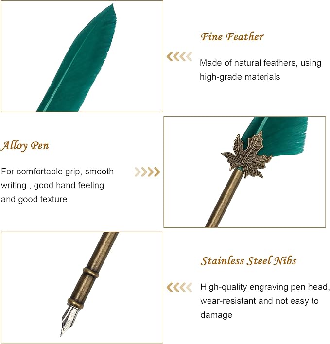 AHIER Quill Pen and Ink Set, Feather Pen Quill Pen Set Includes 5 Steel - Image 4