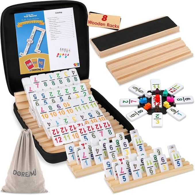 Mexican Train Dominoes Set Numbers and 8 Wooden Holders, Double 12 Travel by Doreimi