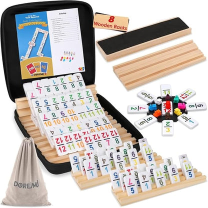 Mexican Train Dominoes Set Numbers and 8 Wooden Holders, Double 12 Travel by Doreimi