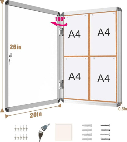 26"x20" Enclosed Bulletin Board, Lockable Weather-Resistant Aluminum Cork - Image 5