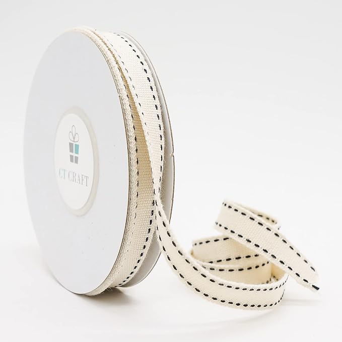 CT CRAFT LLC Ivory Cotton Black Stitched Ribbon 3/8" x 10 Yards - Image 2