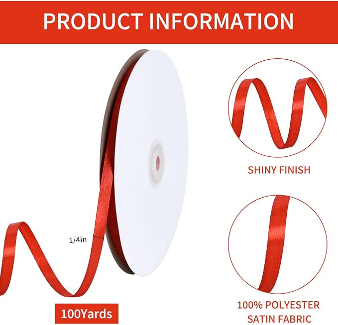 TONIFUL 1/4 Inch x 100yds Red Satin Ribbon, Thin Solid Color Satin Ribbon - Image 2
