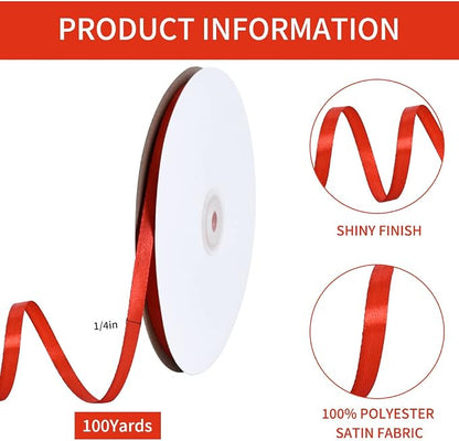 TONIFUL 1/4 Inch x 100yds Red Satin Ribbon, Thin Solid Color Satin Ribbon - Image 2
