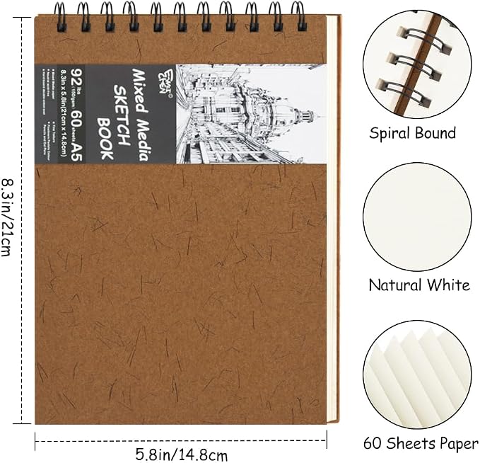 8.3x5.8 Sketch Book, Top Spiral Bound Sketch Pad, 60sheets 92lb/150gsm Nature - Image 2