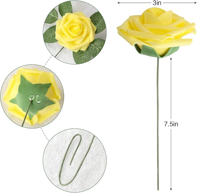 AmyHomie Artificial Flower Yellow Rose 25pcs Real Looking Fake Roses w/Stem - Image 2