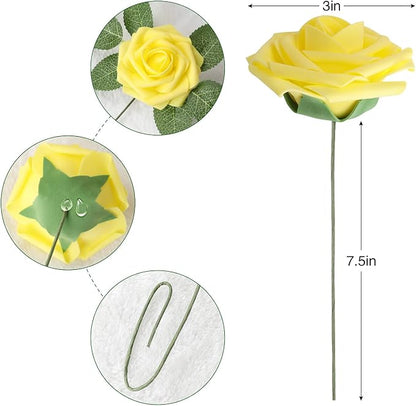 AmyHomie Artificial Flower Yellow Rose 25pcs Real Looking Fake Roses w/Stem - Image 2
