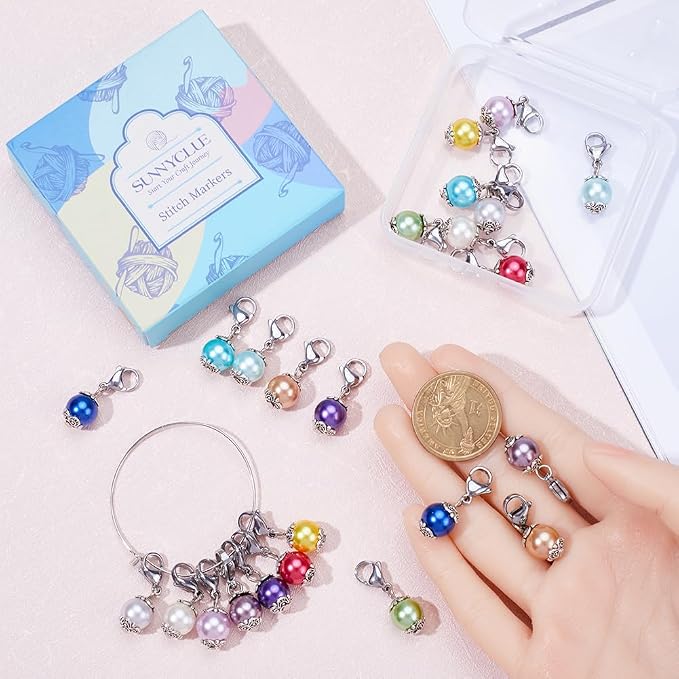 SUNNYCLUE 1 Box 24Pcs Locking Stitch Marker Knitting Markers Charms Glass Pearl - Image 3