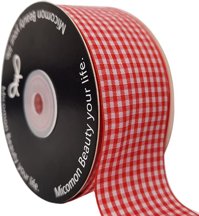 1.5 Inch Red and White Woven Edge 100% Polyester Gingham Ribbon 25 Yards Each by Micomon