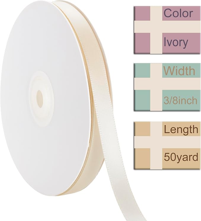 3/8 Inch Ivory Ribbon, 50 Yards Craft Polyester Satin Ribbon Perfect - Image 2