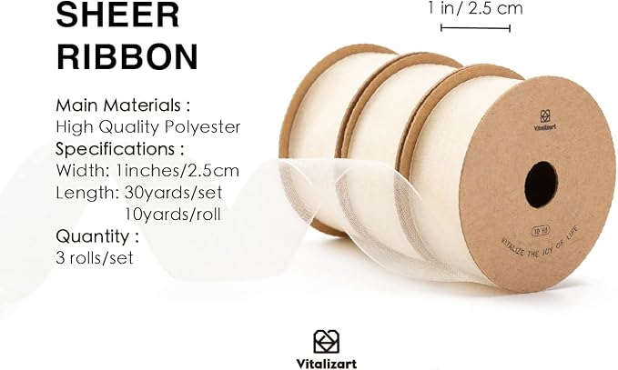 Vitalizart Ivory Cream Ribbon Organza Sheer Ribbon 1 inch x 30Yd Handmade - Image 2