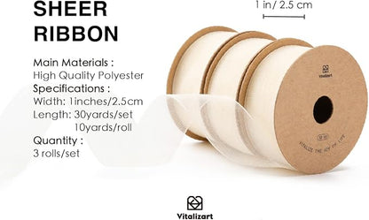 Vitalizart Ivory Cream Ribbon Organza Sheer Ribbon 1 inch x 30Yd Handmade - Image 2