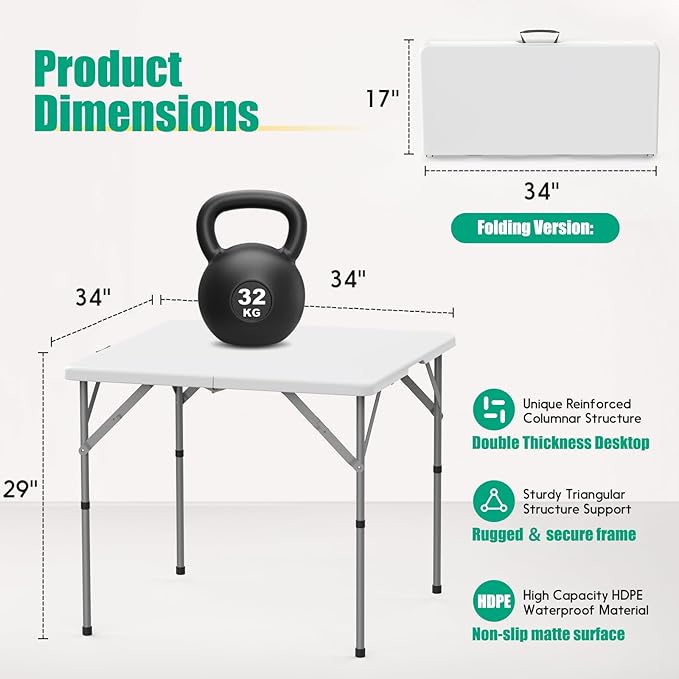HLPB 34'' Square Folding Card Table 2 Pcs, Fold-in-Half Portable Dining Table - Image 2