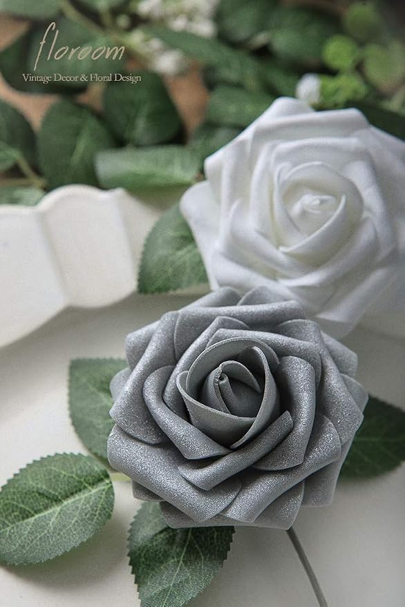 Floroom Artificial Flowers 25pcs Real Looking Shimmer Silver Grey Foam Fake - Image 5