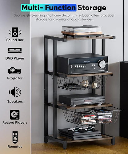 Media Stand with Two Detachable Baskets, 4-Tier AV Media Stand Corner Shelf - Image 5