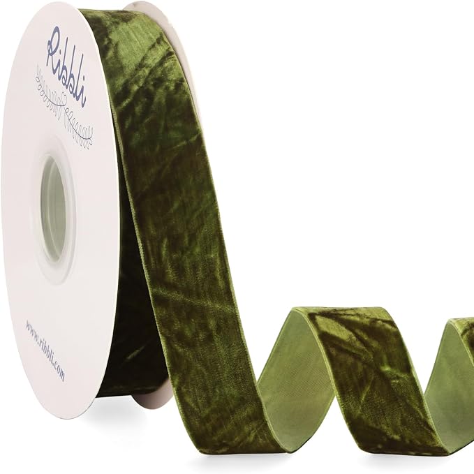 Ribbli Moss Green Velvet Ribbon 1 Inches Luxury Crinkled Green Christmas Ribbon by Ribbli