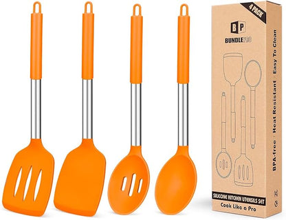 Pack of 4 Silicone Cooking Utensils Set, Non Stick Large Solid Spatulas by BUNDLEPRO