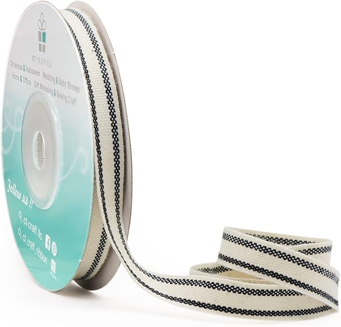 CT CRAFT LLC Ivory Cotton Black Stripes Ribbon 3/8" x 10 Yards by CTCRAFTLLC