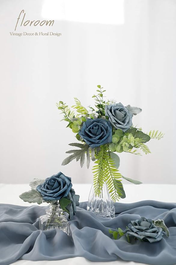 Floroom Artificial Flowers 25pcs Real Looking Dusty Blue Foam Fake Roses - Image 4