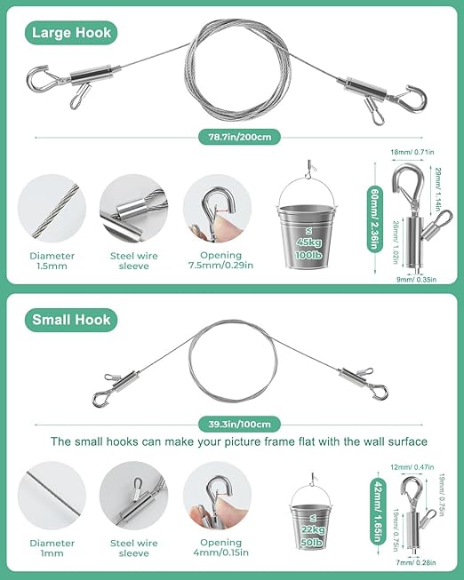 2PCS Adjustable Picture Hanging Wire 1.5m x 1mm Small Hooks, Picture Frame Wire - Image 5