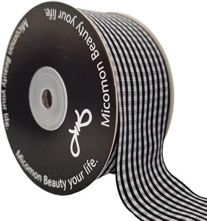 1.5 Inch Black and White Woven Edge Gingham Ribbon 25 Yards Each Roll 100% by Micomon