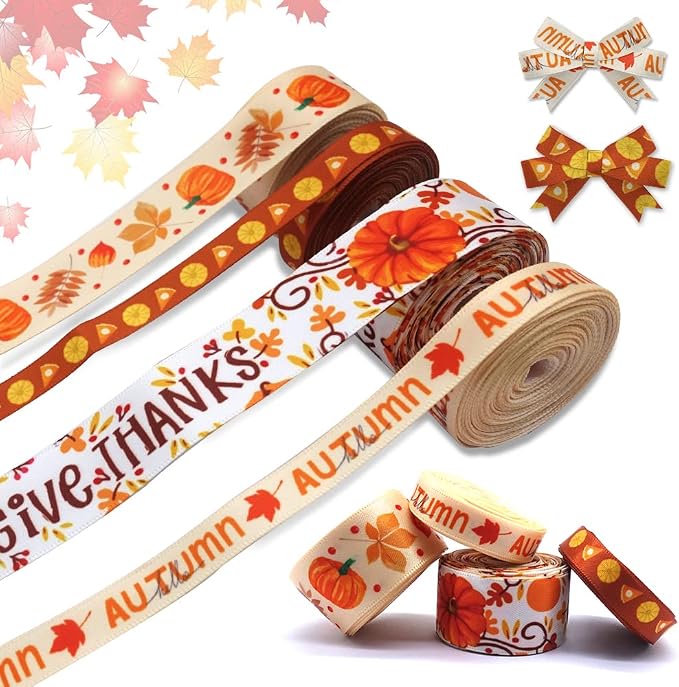 4 PCS Thanksgiving Fall Ribbons Pumpkin Leaves Printed Grosgrain Ribbons White by Estivaux