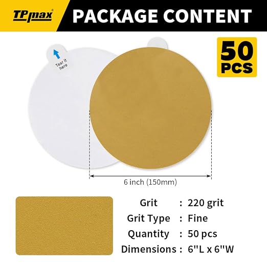 6-Inch 220-Grit Gold PSA Sanding Discs, 50 Pack – Pro-Grade Self-Adhesive - Image 2
