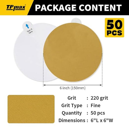 6-Inch 220-Grit Gold PSA Sanding Discs, 50 Pack – Pro-Grade Self-Adhesive - Image 2