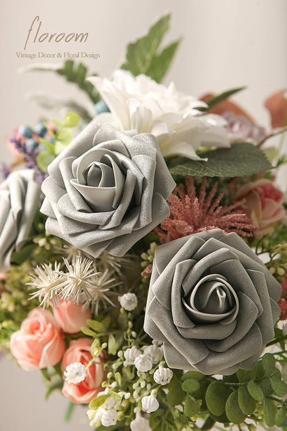 Floroom Artificial Flowers 25pcs Real Looking Shimmer Silver Grey Foam Fake - Image 2