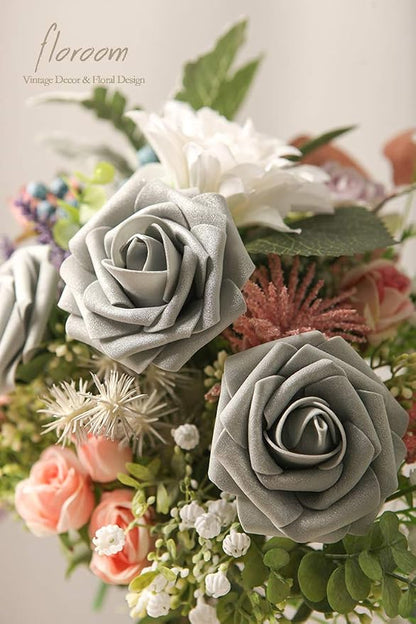 Floroom Artificial Flowers 25pcs Real Looking Shimmer Silver Grey Foam Fake - Image 2