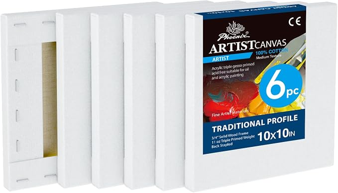 PHOENIX 10x10 Inch 6 Pack Artist Canvas by PHOENIX