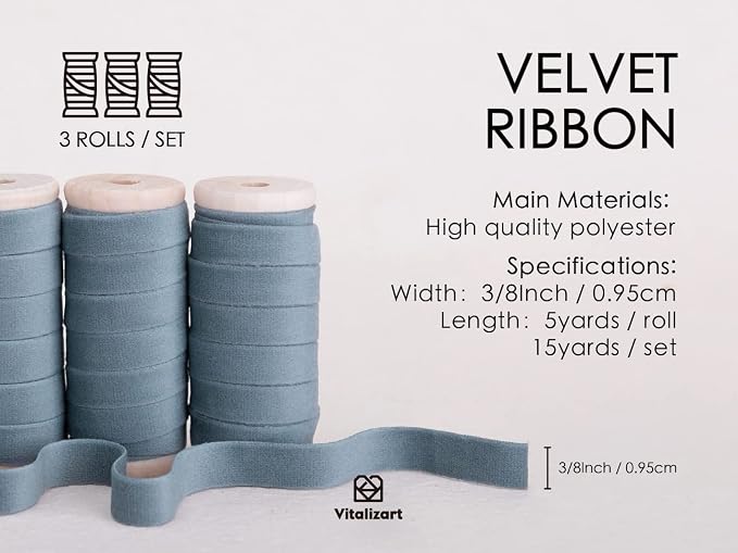 Vitalizart Dusty Blue Velvet Ribbon Set 3/8" x 15 Yd Wooden Spool Fabric Trim 3 - Image 2