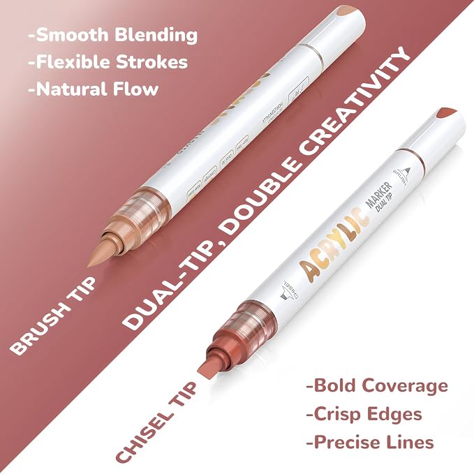 Guangna 12 Red Brown Dual Tip Acrylic Paint Markers, Brush Tip & Chisel Tip - Image 2
