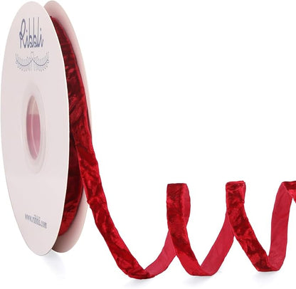 Ribbli Dark Red Velvet Ribbon 3/8 Inches Luxury Crinkled Red Christmas Ribbon by Ribbli