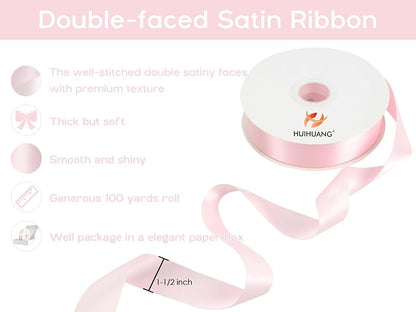 HUIHUANG Pink Satin Ribbon 1-1/2 inch x 100 Yards Light Pink Double-Faced Satin - Image 2