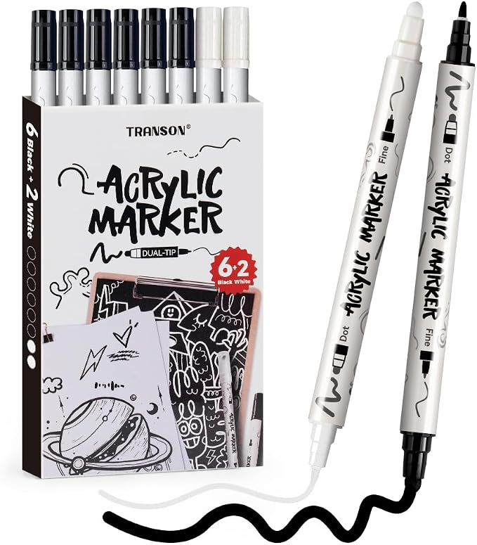 TRANSON 6 Black and 2 White Paint Markers Bold and Fine Dual-tip Acrylic Paint by Transon