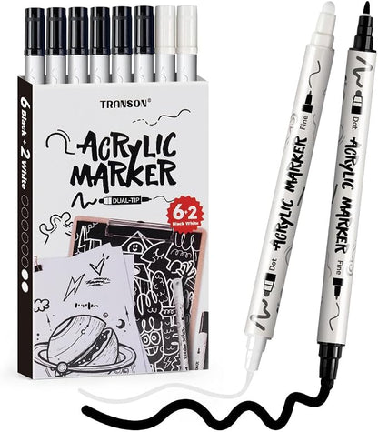 TRANSON 6 Black and 2 White Paint Markers Bold and Fine Dual-tip Acrylic Paint by Transon