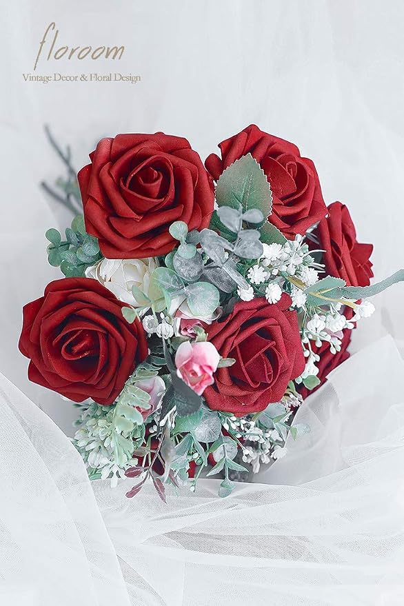 Floroom Artificial Flowers 50pcs Real Looking Dark Red Foam Fake Roses - Image 4