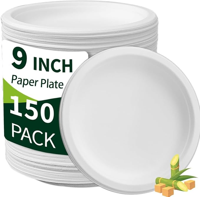 9 inch Plates Disposable Heavy Duty 150 Pack Leak Proof 100% Compostable by Drihara