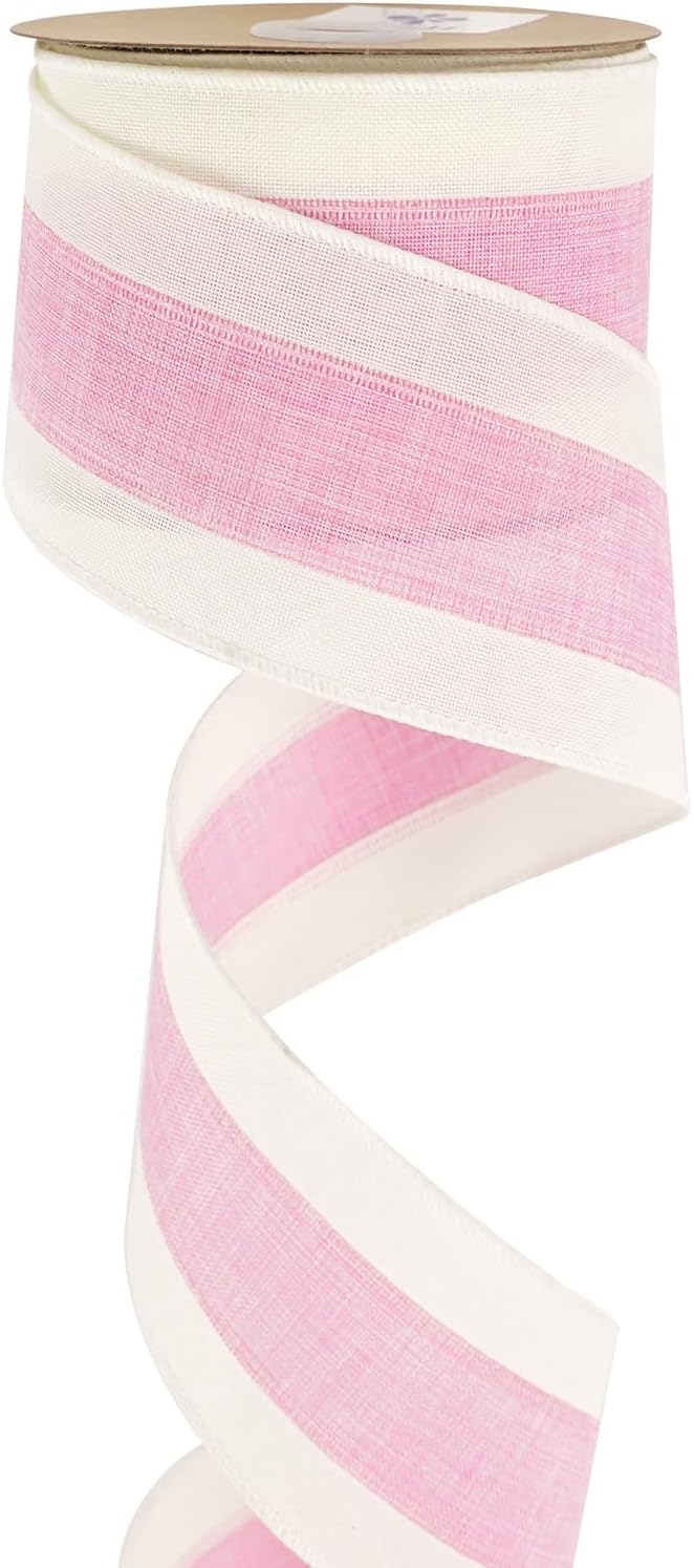 MEEDEE Pink White Stripe Wired Burlap Ribbon by MEEDEE