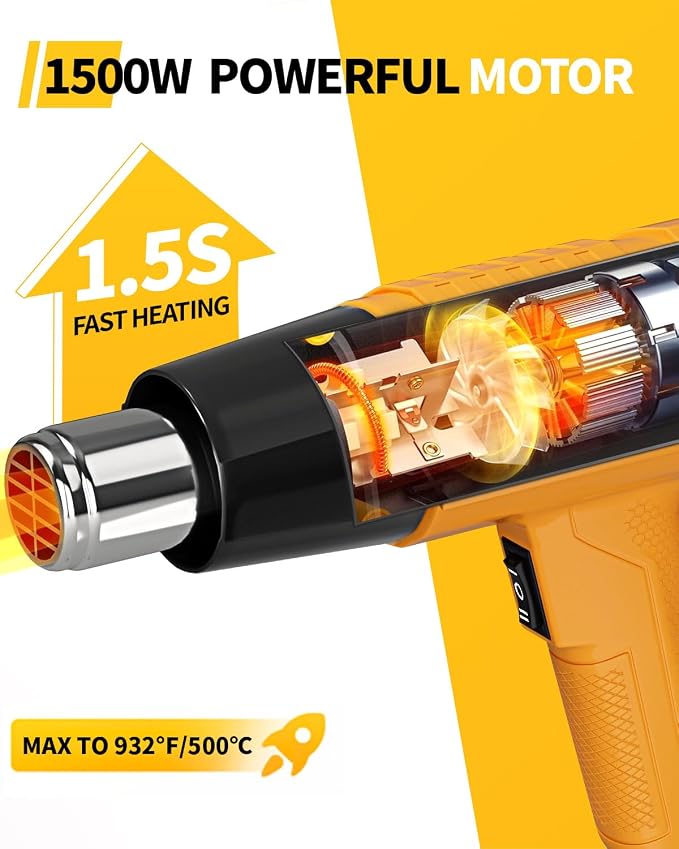 Heat Gun 1500W 572°F-932°F Fast Heating Heavy Duty Hot Air Gun Kit Variable - Image 2