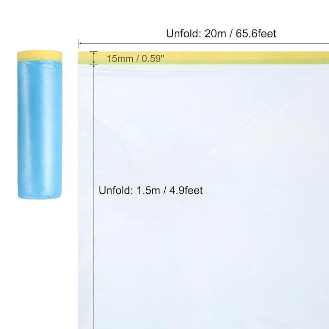 uxcell Pre-Taped Masking Film, 4.9ft x 66ft Plastic Paint Drop Cloth - Image 2