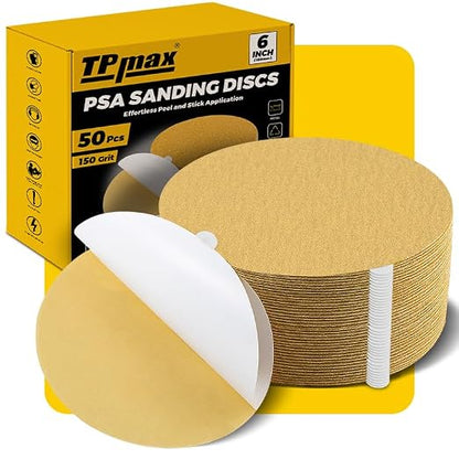 6-Inch 150-Grit Gold PSA Sanding Discs, 50 Pack – Pro-Grade Self-Adhesive by TPmax