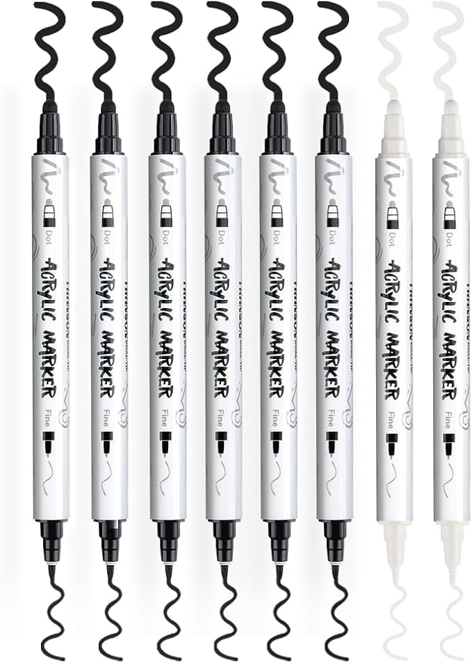 TRANSON 6 Black and 2 White Paint Markers Bold and Fine Dual-tip Acrylic Paint - Image 7