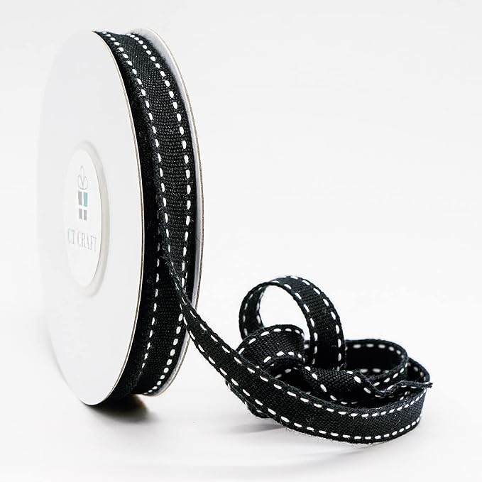 CT CRAFT LLC Black Cotton White Stitched Ribbon 3/8" x 10 Yards - Image 2