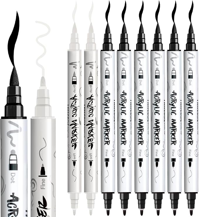 TRANSON 6 Black and 2 White Paint Markers Brush and Fine Dual-tip Acrylic Paint - Image 6