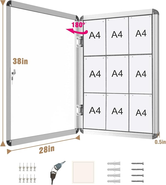 38"x28" Enclosed Bulletin Board, Lockable Weather-Resistant Aluminum Cork - Image 5