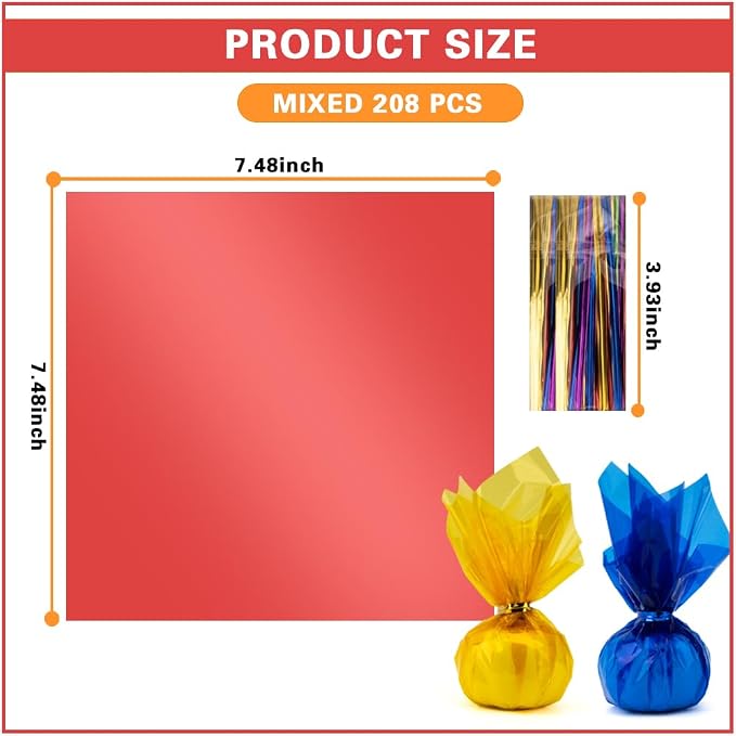 208 PCS Colored Cellophane Wrap Paper Treat Candy Small Gifts Wrapping Baskets - Image 2