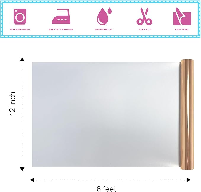Heat Transfer Vinyl Metallic Rose Gold Foil 12"*6Ft Bundle Chrome HTV Pack in - Image 2